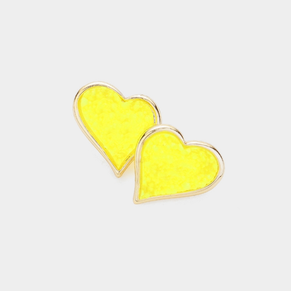 Neon Yellow Heart Druzy Stud Earrings 0.6" Casual Post Simple Jewelry Stone